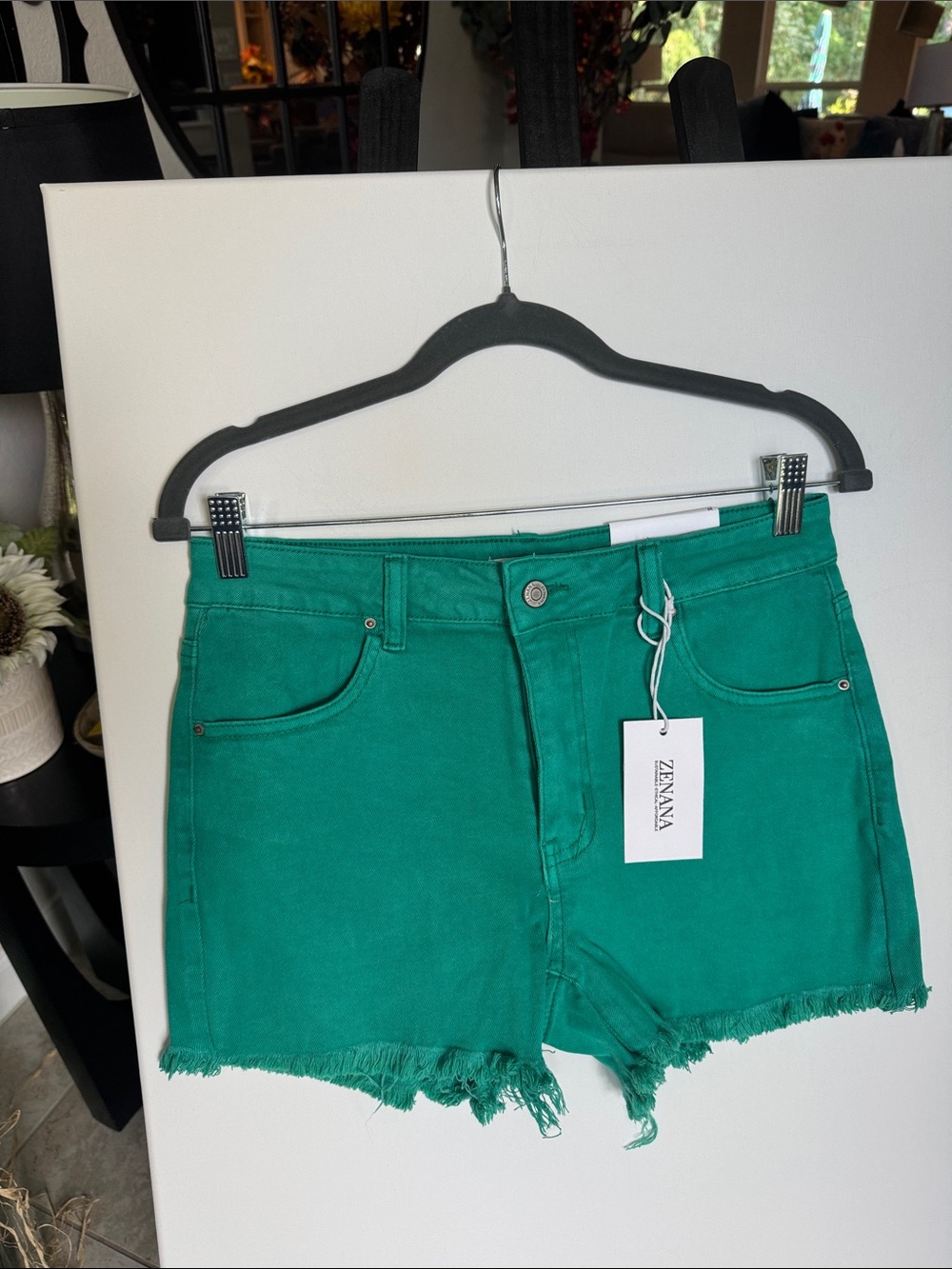 Zenana Outfitters Emerald Green High-Rise Frayed Hem Denim Shorts